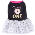 Sweet ONE dog dress with pink donut print and white star pattern tutu mesh skirt - XS / Black Donut