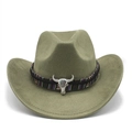 Detailed shot of olive green western cowboy hat with ethnic band and silver bull skull - M (56-59cm) / Army Green Suede