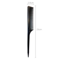 Detail van de afmetingen van de zwarte plastic puntkam met fijne tanden en scherpe steel - 23cm Lange Puntkam (#50077)