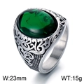 Vintage Viking rune stainless steel ring with emerald green stone and floral relief - US 7 / Steel Green (KR110140-MZOZ)
