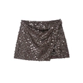 Sparkling silver sequin bodycon mini skirt in deep brown featuring a layered wrap design - XS / Brown