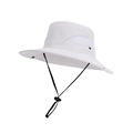 White wide brim sun hat with breathable mesh and adjustable black drawstring - Grayish White