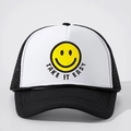 Classic black and white trucker hat with embroidered yellow smiley and Take It Easy text - One Size / Black
