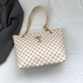 Beige floral monogram tote bag with gold chain strap and deer pendant on white fabric - White