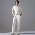 Macro detail of high-waist wide-leg yoga pants with drawstring and elastic nylon fabric - S / Off-White Grey