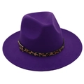 Detail of purple felt fedora hat featuring leopard print band and gold metal buckle - Purple