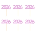 Set of six pink glitter 2026 number cake toppers with wooden sticks for New Year cake decor - Style 1: 2026 / Pink
