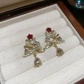 Close-up of golden Christmas tree earrings with pearls and crystal fringe on velvet - Gold (925 Sterling Silver Earring Post) / 6# Red Christmas Tree (Rhinestone Pearl)