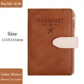 Caramel brown RFID travel passport wallet in PU leather with buckle and zipper 115x165mm - Snap Button Style / Brown