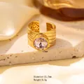 Gold plated wide band ring with 13mm purple gemstone and textured vintage surface - Adjustable Open / Gold Retro Textured Wide Band with Round Pink Purple Stone (JOM25003)