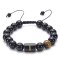 Detail of adjustable woven cord on black agate bead bracelet with tiger eye stone - Letter I