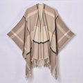 Detail view of the beige and khaki plaid shawl featuring tassel fringe and knitted texture - Tassel Fine Stripe Plaid Khaki