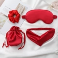 Red faux silk 4-piece set including sleep mask, scrunchie, headband, and storage pouch - 4pcs Set (Square Bag) / Red