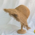 Handmade khaki straw sun hat with frayed raffia edges on a wooden display stand - L (58-60cm) / Long Frayed Edge Khaki