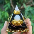 Handheld crystal pyramid resin ornament with white sphere and gold foil accents - 6cm / A18-White Ball Black Stone