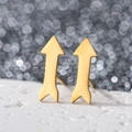 Macro shot of gold arrow-shaped stud earrings with brushed texture on a white surface - Arrow / Gold
