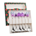 6-piece Christmas stainless steel spoon set with purple reindeer and tree motifs in a gift box - Green Box 6-Piece Set E