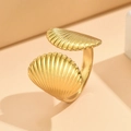 Adjustable golden stainless steel open ring featuring dual shell motifs for women - J03313 / Gold