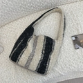 Large shoulder tote bag in soft black and white striped sherpa fleece texture - Lambswool Wide Stripes