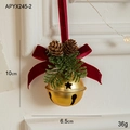 Christmas gold bell with a dark red velvet bow, pine cone, and pine needle decoration - Gold Bow Bell