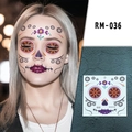 Sugar Skull Day of the Dead face tattoo RM-036 with purple flowers and orange patterns - Purple Flower Orange Eye Stitched Mouth(RM-036)