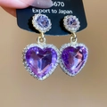 Close-up of vintage gold earrings with heart-shaped purple crystals and micro-pave crystals - 60# Heart Floral Style (Silver Earring Post) / Purple