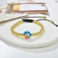 Handmade Evil Eye beaded bracelet with golden copper beads and adjustable black cord - Color Eyelash Eye Style (221025-B-G-5)