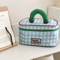 Detail of blue plaid cosmetic bag with Lucky House logo and green handle - Blue and White Checkered (Lucky House)