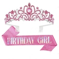 Pink birthday girl sash and tiara set with glitter letters and pink rhinestones - One Size / Pink Birthday Girl Set