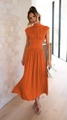 Vibrant orange midi dress with high neck and waist cutouts in light pleated fabric - Orange Red