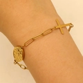 Vintage gold stainless steel chain bracelet with cross and Virgin Mary medal for women - Gold Paperclip Chain Style (18k Gold WG-0160)