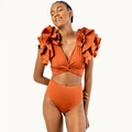 Burnt orange two-piece bikini with ruffled shoulders and high-waisted bottoms - S / Orange
