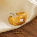 Vintage gold stainless steel open ring featuring a white pearl and textured finish - Radiant Texture Single Pearl Style (ZN1503-1183)