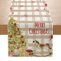 Christmas plaid table runner with festive tree and rocking horse print on beige fabric - Beige Grid Rocking Horse Xmas Tree (ZQ28-9)