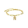 18K gold plated paperclip chain bracelet featuring a micro-paved letter N pendant - Letter N