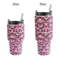 Pink leopard print rhinestone tumblers in 20oz and 30oz sizes with straws - Pink Leopard Cow