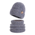 Winter knitted beanie and neck warmer set in grey-blue with warm fleece lining - Marl Navy Blue (2-Piece Set)