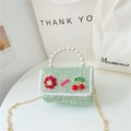 Kids green tweed handbag with pearl handle, bow detail, and gold chain strap - Style 1 Green