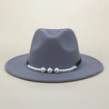 Close-up of elegant grey felt jazz hat with detailed pearl and gold beaded hatband - M (56-58cm) / Gray