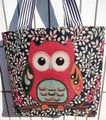 Navy canvas tote bag with large red owl jacquard and striped handles for women - Black Floral Owl