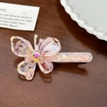 Pink and beige tortoiseshell acetate butterfly hair clip with iridescent rhinestone - Hair Clip-7.4cm / Metallic Pink