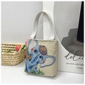 Beige canvas tote bag with blue embroidered cartoon elephant and dual handles - Style 18-Little Blue Elephant