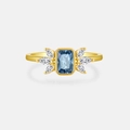 Elegant gold ring with a rectangular blue gemstone and white marquise side stones - 925 Silver / Ring Size 6-230
