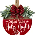 Silent Night Holy Night Christmas round wooden door sign with red base and green foliage - Red Jesus Silent Night Plaque