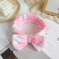 Pink, white and blue tie-dye plush headband with a large bow for washing and makeup - Pink Strawberry Print