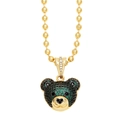 Detail of gold bead chain with cute bear pendant featuring green and black pave zircons - Green