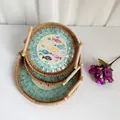 Detail of woven rattan tray with mosaic fish pattern and wooden handles set of two - Colorful Fish / Three-Piece Set