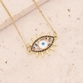 Goldene Halskette mit böser Blick Anhänger und bunten Zirkoniasteinen auf Naturstein - Blau-Weißer Zirkon-Stil(1#)