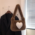 Plush brown shoulder bag with a large white heart pattern in soft faux rabbit fur - Brown