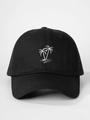 Detailed view of white palm tree embroidery on the front of a black cotton baseball cap - One Size / Black